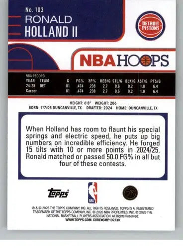 2025-26 Topps NBA Hoops #103 Ronald Holland II NM Near Mint Pistons ID:83191
