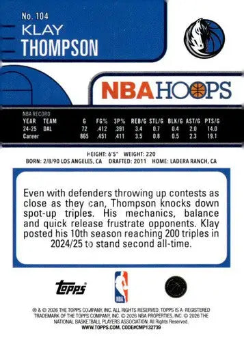 2025-26 Topps NBA Hoops #104 Klay Thompson NM Near Mint Mavericks ID:83192 - Basketball Card Single