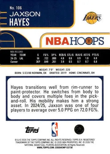 2025-26 Topps NBA Hoops #106 Jaxson Hayes NM Near Mint Lakers ID:83193