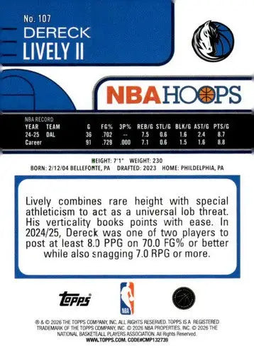 2025-26 Topps NBA Hoops #107 Dereck Lively II NM Near Mint Mavericks ID:83194