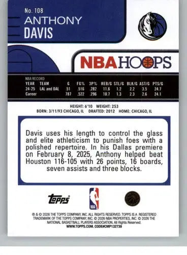 2025-26 Topps NBA Hoops #108 Anthony Davis NM Near Mint Mavericks ID:83195