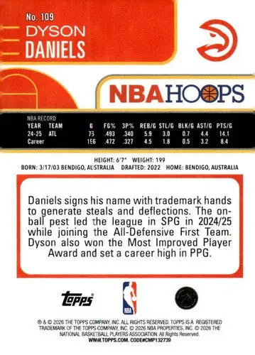 2025-26 Topps NBA Hoops #109 Dyson Daniels NM Near Mint Hawks ID:83196