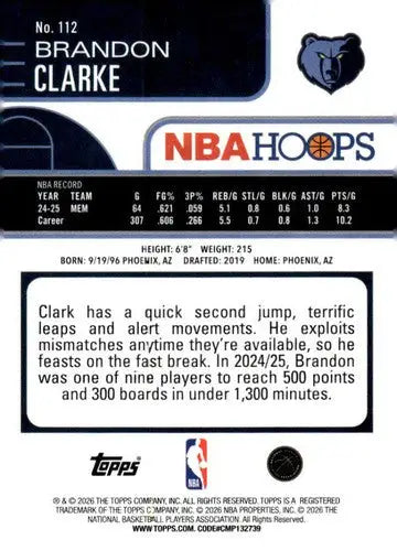 2025-26 Topps NBA Hoops #112 Brandon Clarke NM Near Mint Grizzlies ID:83197