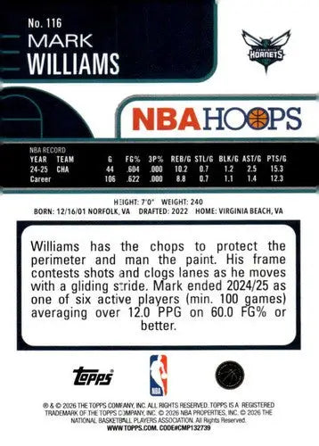 2025-26 Topps NBA Hoops #116 Mark Williams NM Near Mint Hornets ID:83199 - Basketball Card Single