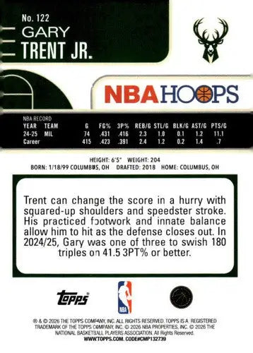 2025-26 Topps NBA Hoops #122 Gary Trent Jr. NM Near Mint Bucks ID:83200
