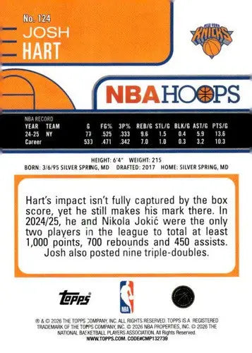 2025-26 Topps NBA Hoops #124 Josh Hart NM Near Mint Knicks ID:83201 - Basketball Card Single