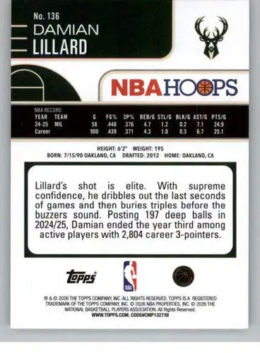 2025-26 Topps NBA Hoops #136 Damian Lillard NM Near Mint Bucks ID:83203