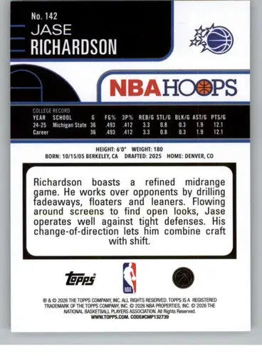 2025-26 Topps NBA Hoops #142 Jase Richardson NM Near Mint RC Rookie Mag ID:83205 - Basketball Card Single