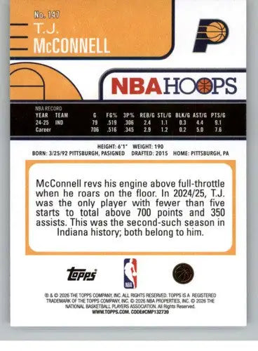 2025-26 Topps NBA Hoops #147 T.J. McConnell NM Near Mint Pacers ID:83208