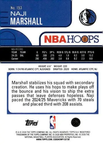 2025-26 Topps NBA Hoops #153 Naji Marshall NM Near Mint Mavericks ID:83209