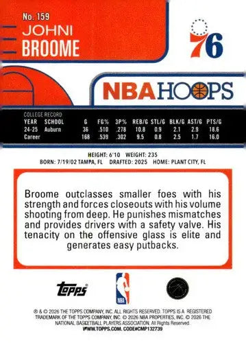 2025-26 Topps NBA Hoops #159 Johni Broome NM Near Mint RC Rookie 76ers ID:83210