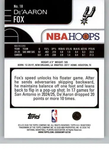 2025-26 Topps NBA Hoops #18 De’Aaron Fox NM Near Mint Spurs ID:83161