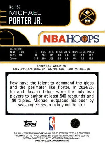 2025-26 Topps NBA Hoops #183 Michael Porter Jr. NM Near Mint Nuggets ID:83213