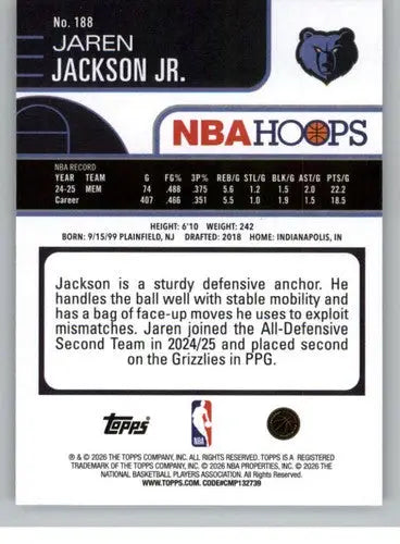 2025-26 Topps NBA Hoops #188 Jaren Jackson Jr. NM Near Mint Grizzlies ID:83215 - Basketball Card Single