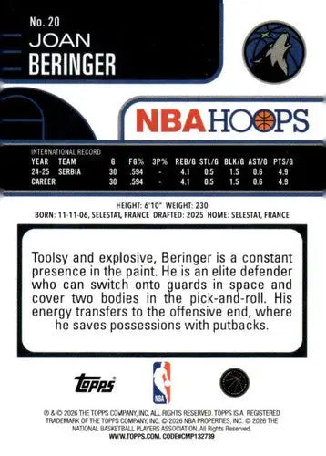 2025-26 Topps NBA Hoops #20 Joan Beringer NM Near Mint Timberwolves ID:83162 - Basketball Card Single