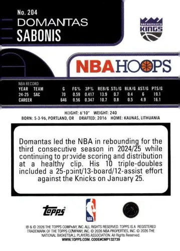 2025-26 Topps NBA Hoops #204 Domantas Sabonis NM Near Mint Sac Kings ID:83217 - Basketball Card Single