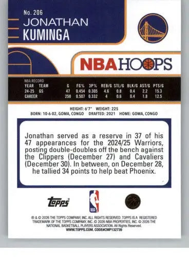 2025-26 Topps NBA Hoops #206 Jonathan Kuminga NM Near Mint Warriors ID:83218 - Basketball Card Single