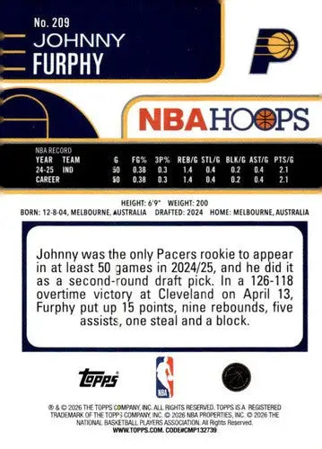 2025-26 Topps NBA Hoops #209 Johnny Furphy NM Near Mint Pacers ID:83219