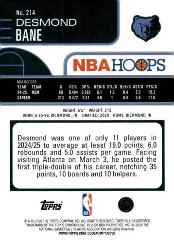 2025-26 Topps NBA Hoops #214 Desmond Bane NM Near Mint Grizzlies ID:83221