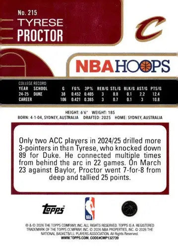 2025-26 Topps NBA Hoops #215 Tyrese Proctor NM Near Mint RC Rookie Cava ID:83222