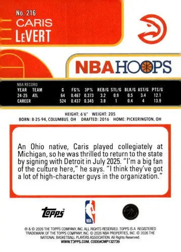 2025-26 Topps NBA Hoops #216 Caris LeVert NM Near Mint Hawks ID:83223 - Basketball Card Single