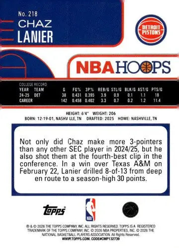 2025-26 Topps NBA Hoops #218 Chaz Lanier NM Near Mint Pistons ID:83224