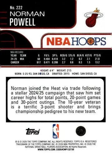 2025-26 Topps NBA Hoops #222 Norman Powell NM Near Mint Heat ID:83225