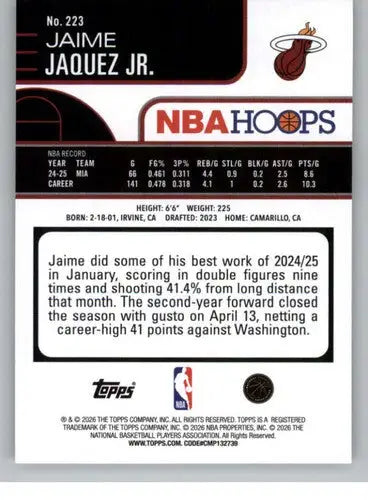 2025-26 Topps NBA Hoops #223 Jaime Jaquez Jr. NM Near Mint Heat ID:83226 - Basketball Card Single