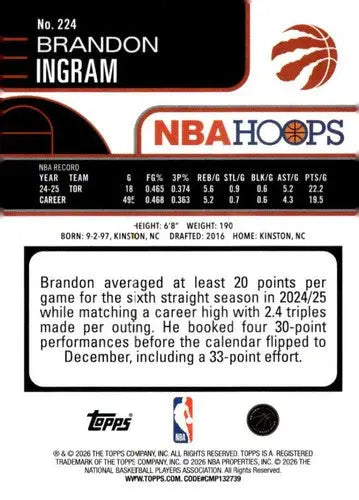 2025-26 Topps NBA Hoops #224 Brandon Ingram NM Near Mint Raptors ID:83227