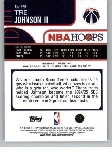2025-26 Topps NBA Hoops #226 Tre Johnson III NM Near Mint RC Rookie Wiz ID:83228