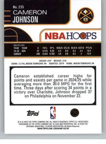 2025-26 Topps NBA Hoops #235 Cameron Johnson NM Near Mint Nuggets ID:83229