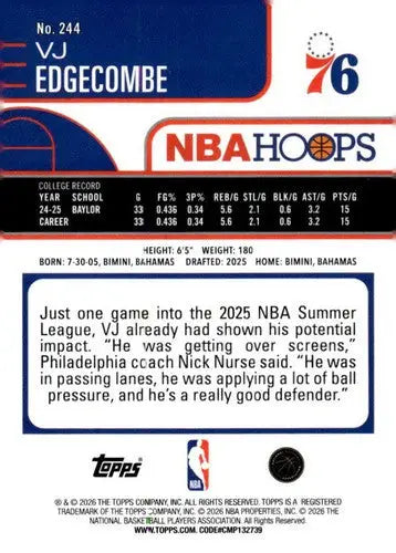 2025-26 Topps NBA Hoops #244 VJ Edgecombe NM Near Mint RC Rookie 76ers ID:83231
