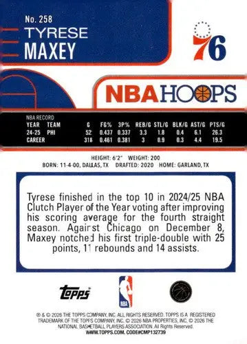 2025-26 Topps NBA Hoops #258 Tyrese Maxey NM Near Mint 76ers ID:83233