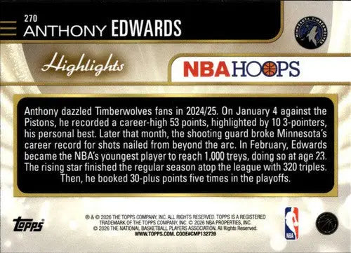 2025-26 Topps NBA Hoops #270 Anthony Edwards NM Near Mint Timberwolves ID:83237