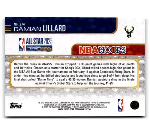 2025-26 Topps NBA Hoops #274 Damian Lillard NM Near Mint Bucks All Star ID:83238