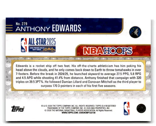 2025-26 Topps NBA Hoops #279 Anthony Edwards NM Near Mint Timberwolves ID:83239