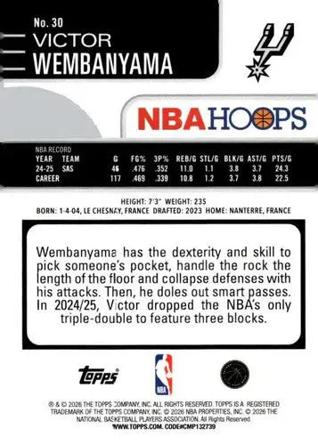 2025-26 Topps NBA Hoops #30 Victor Wembanyama NM Near Mint Spurs ID:83165