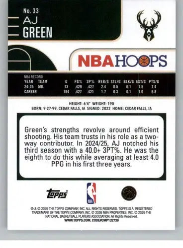 2025-26 Topps NBA Hoops #33 AJ Green NM Near Mint Bucks ID:83167
