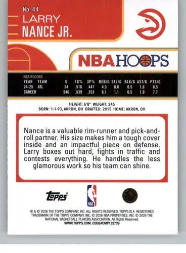2025-26 Topps NBA Hoops #44 Larry Nance Jr. NM Near Mint Hawks ID:83169