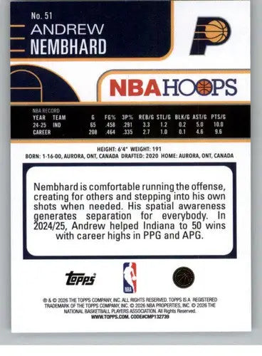 2025-26 Topps NBA Hoops #51 Andrew Nembhard NM Near Mint Pacers ID:83170 - Basketball Card Single
