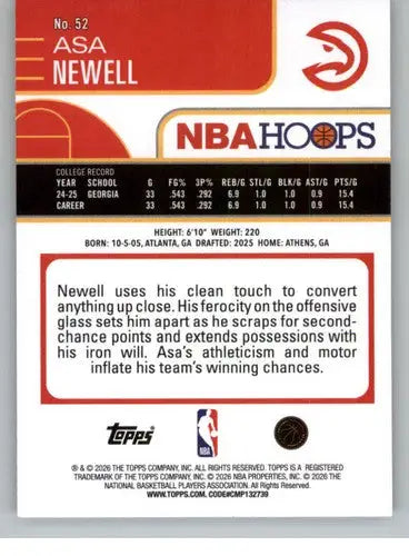 2025-26 Topps NBA Hoops #52 Asa Newell NM Near Mint RC Rookie Hawks ID:83171 - Basketball Card Single