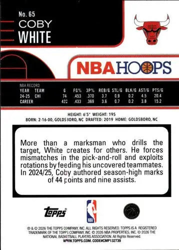 2025-26 Topps NBA Hoops #65 Coby White NM Near Mint Bulls ID:83175