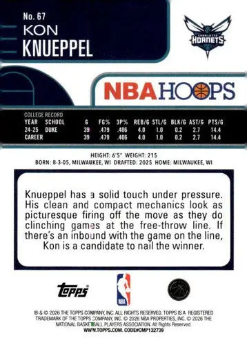 2025-26 Topps NBA Hoops #67 Kon Knueppel NM Near Mint RC Rookie Hornets ID:83176