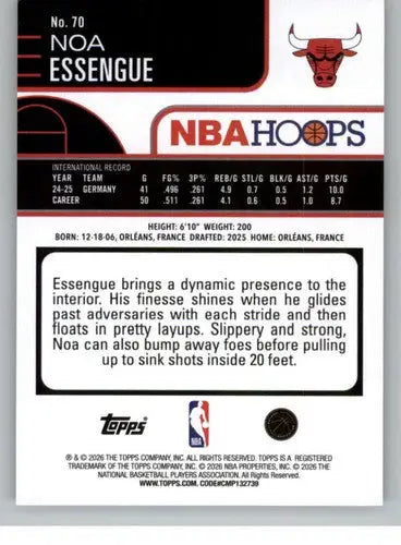 2025-26 Topps NBA Hoops #70 Noa Essengue NM Near Mint RC Rookie Bulls ID:83177