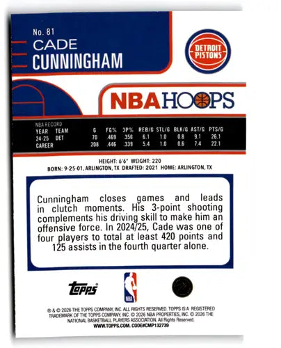 2025-26 Topps NBA Hoops #81 Cade Cunningham NM Near Mint Pistons ID:83180