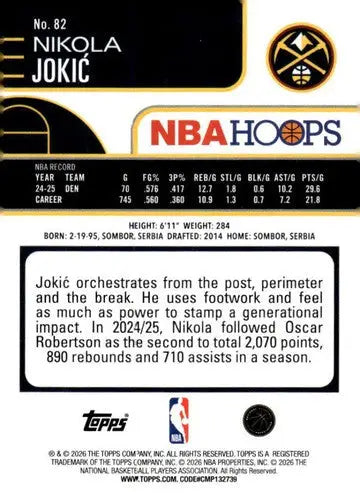 2025-26 Topps NBA Hoops #82 Nikola Jokic NM Near Mint Nuggets ID:83181