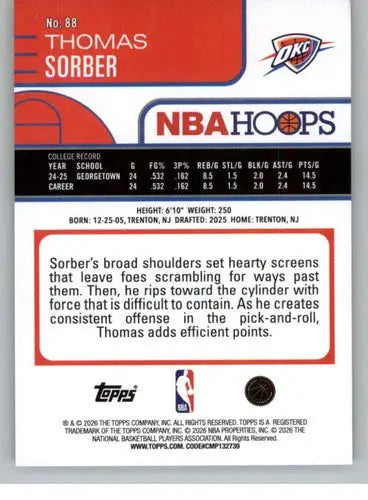 2025-26 Topps NBA Hoops #88 Thomas Sorber NM Near Mint RC Rookie Thunde ID:83183 - Basketball Card Single