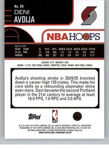 2025-26 Topps NBA Hoops #89 Deni Avdija NM Near Mint Blazers ID:83184 - Basketball Card Single