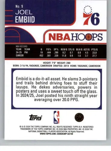 2025-26 Topps NBA Hoops #9 Joel Embiid NM Near Mint 76ers ID:83160 - Basketball Card Single