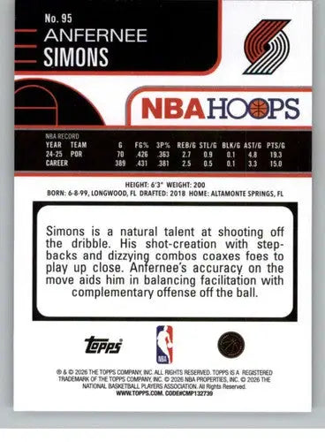 2025-26 Topps NBA Hoops #95 Anfernee Simons NM Near Mint Blazers ID:83186